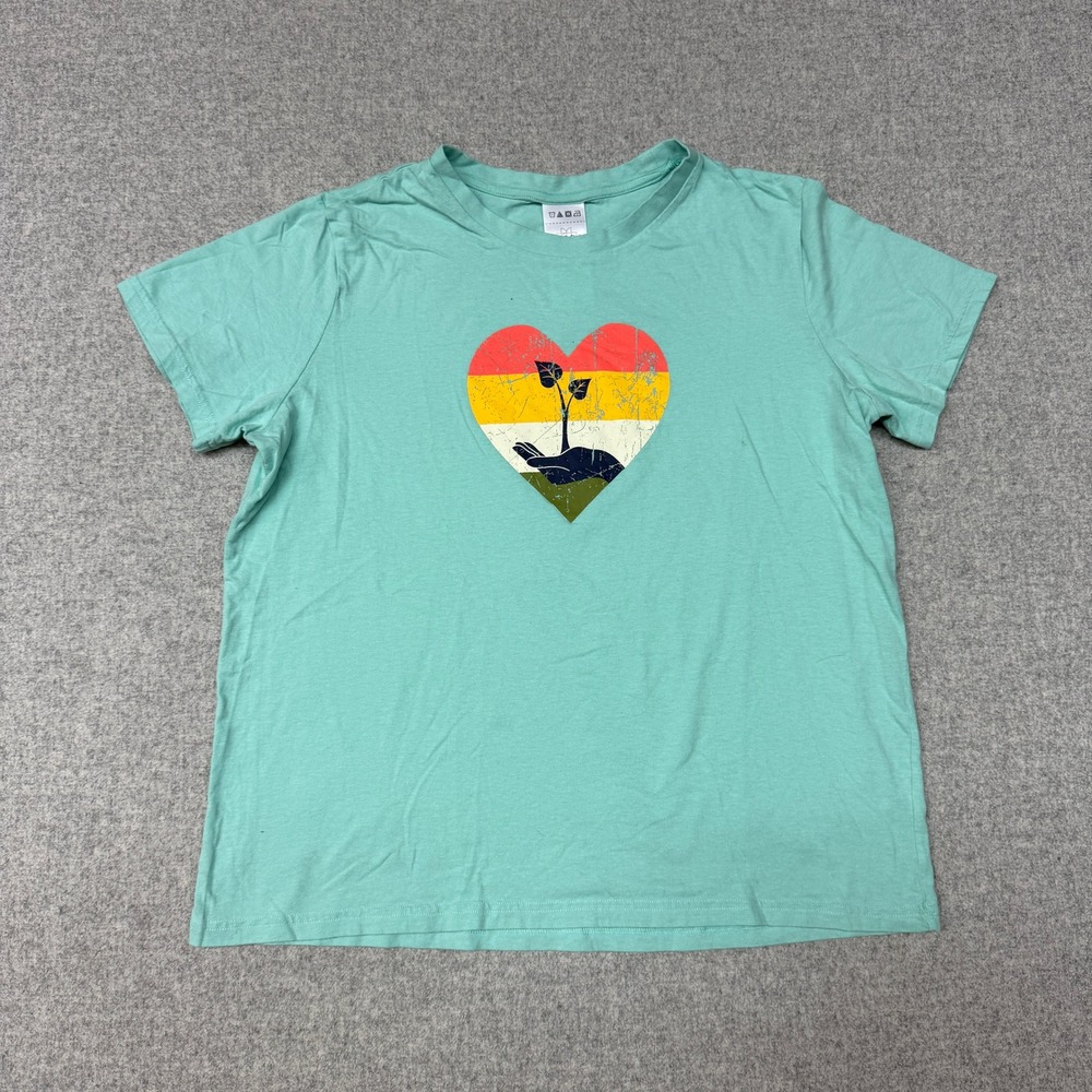 Serra Graphic T-Shirt Size Large Teal Green Heart Plant Distressed Cotton Tee